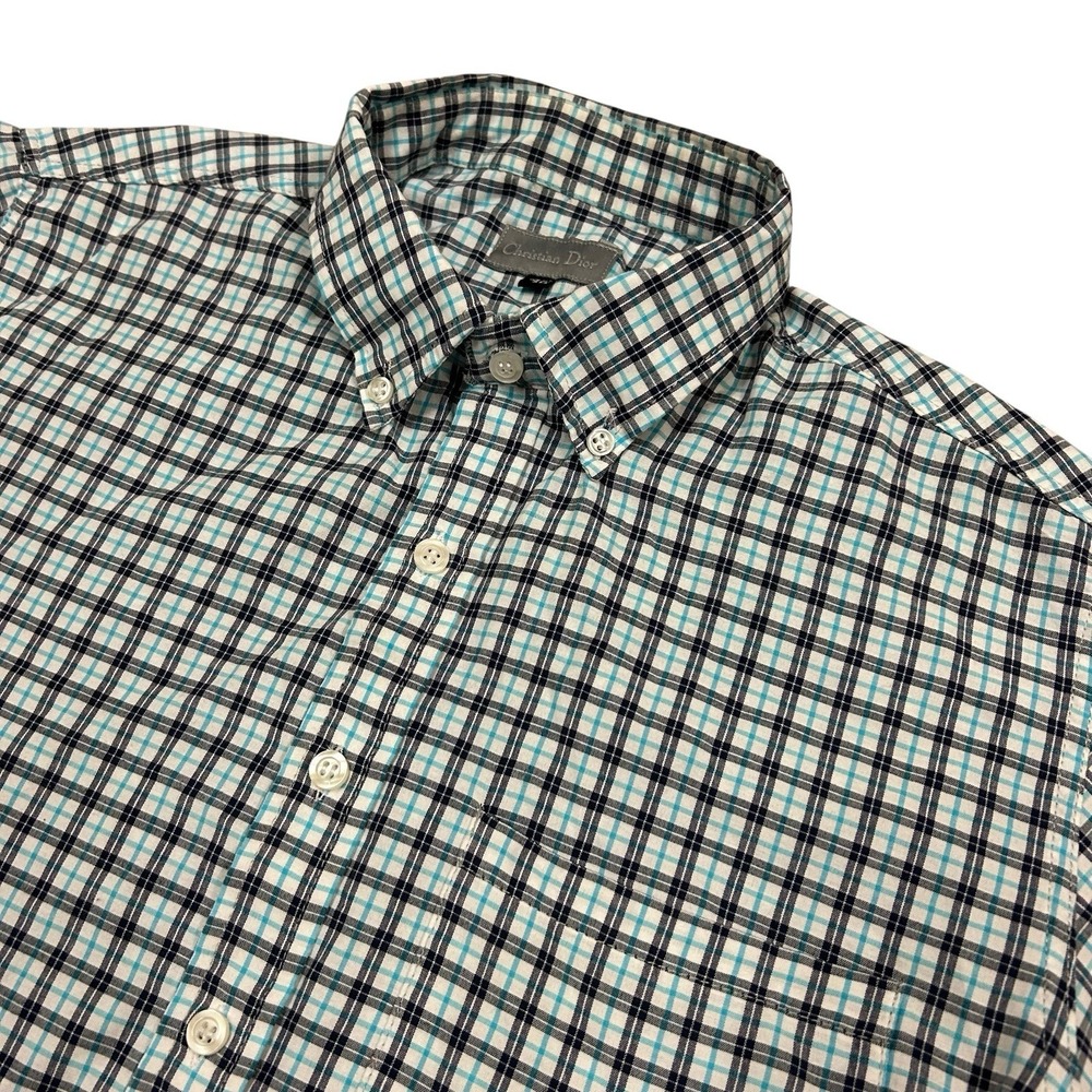 Christian Dior Shirt Mens Size 42 Blue Plaid Colorful Short Sleeve Button Down